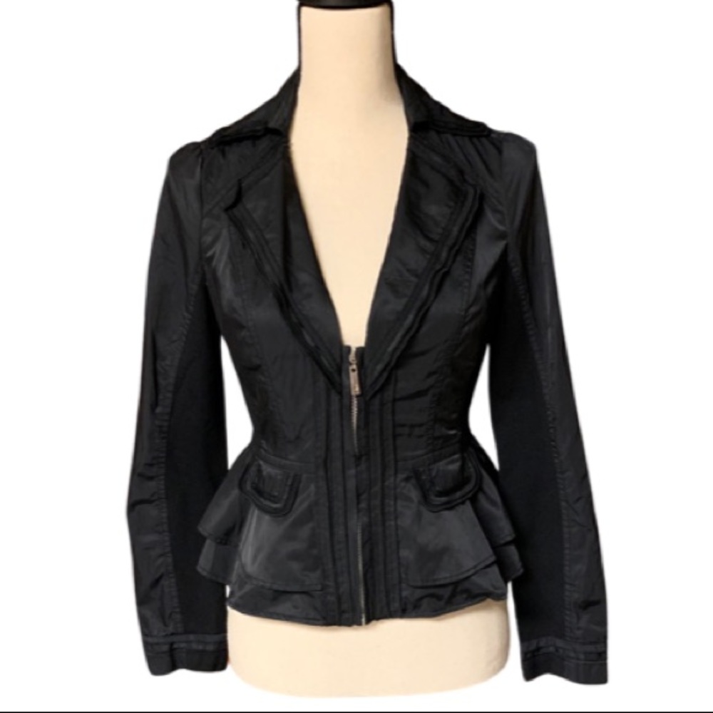 WHBM Women’s Black Zip Front Ruffled Hem Lightweight Waist Jacket Coat S